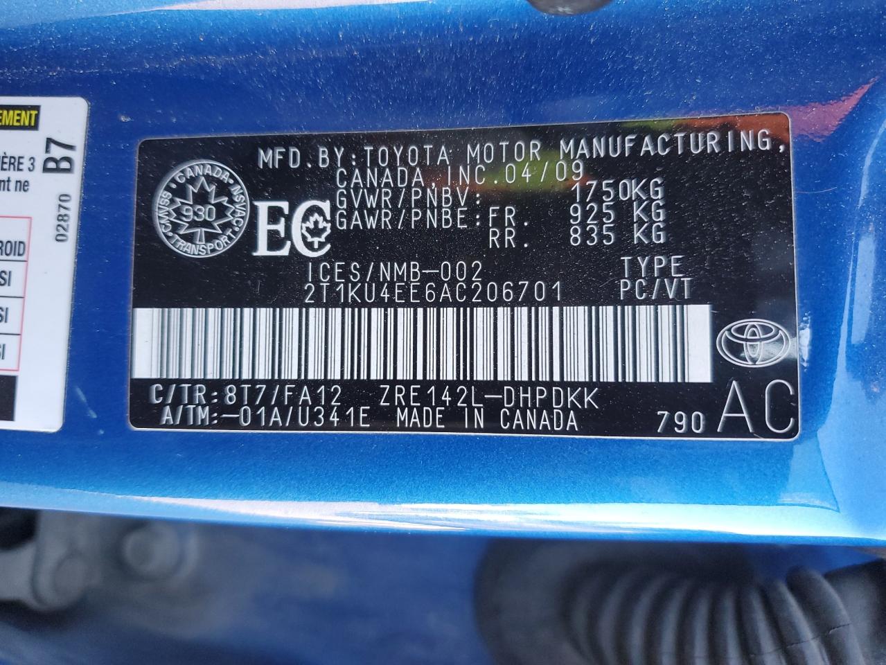 2010 Toyota Corolla Matrix VIN: 2T1KU4EE6AC206701 Lot: 85828685