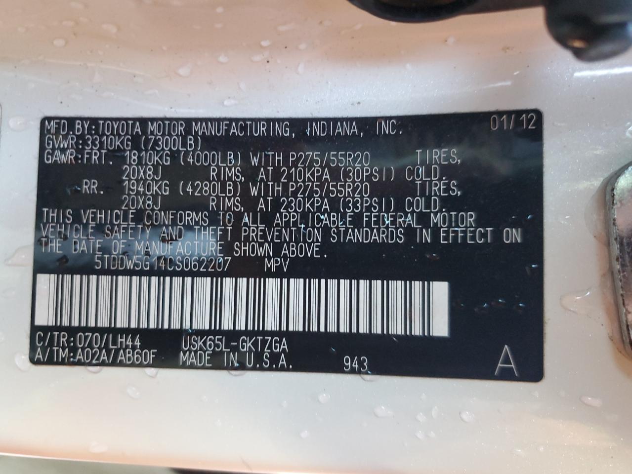 2012 Toyota Sequoia Platinum VIN: 5TDDW5G14CS062207 Lot: 85547175