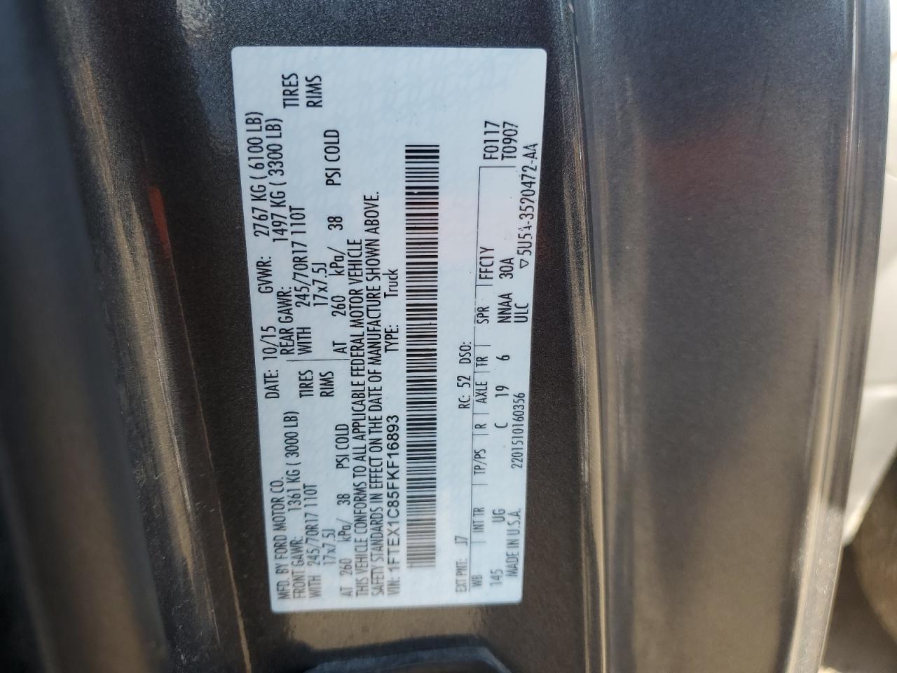 2015 Ford F150 Super Cab VIN: 1FTEX1C85FKF16893 Lot: 85664415