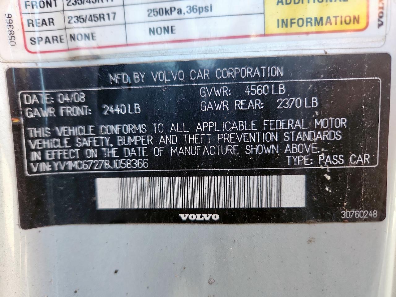 2008 Volvo C70 T5 VIN: YV1MC67278J058366 Lot: 86246665