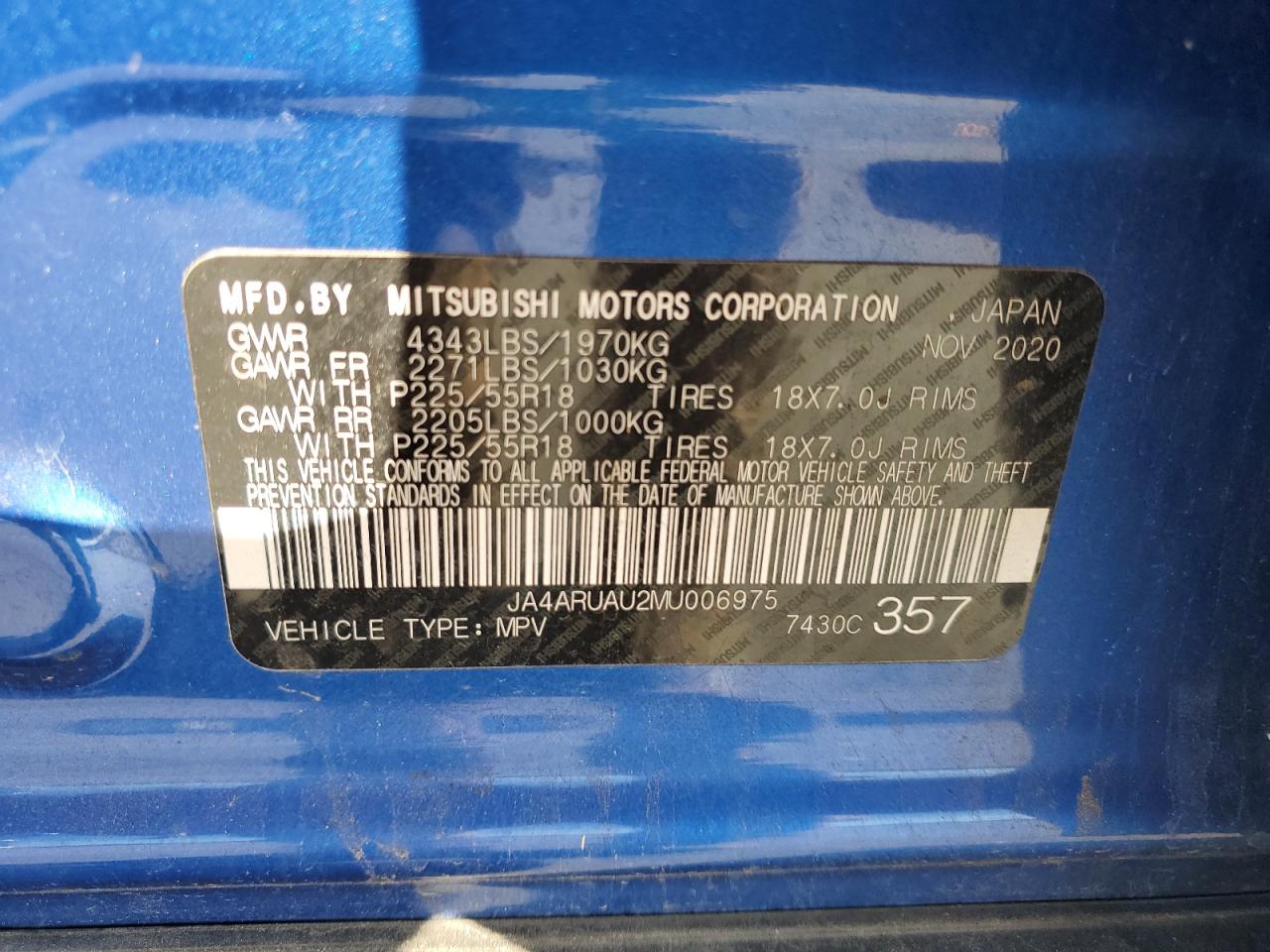 2021 Mitsubishi Outlander Sport Es VIN: JA4ARUAU2MU006975 Lot: 85601765