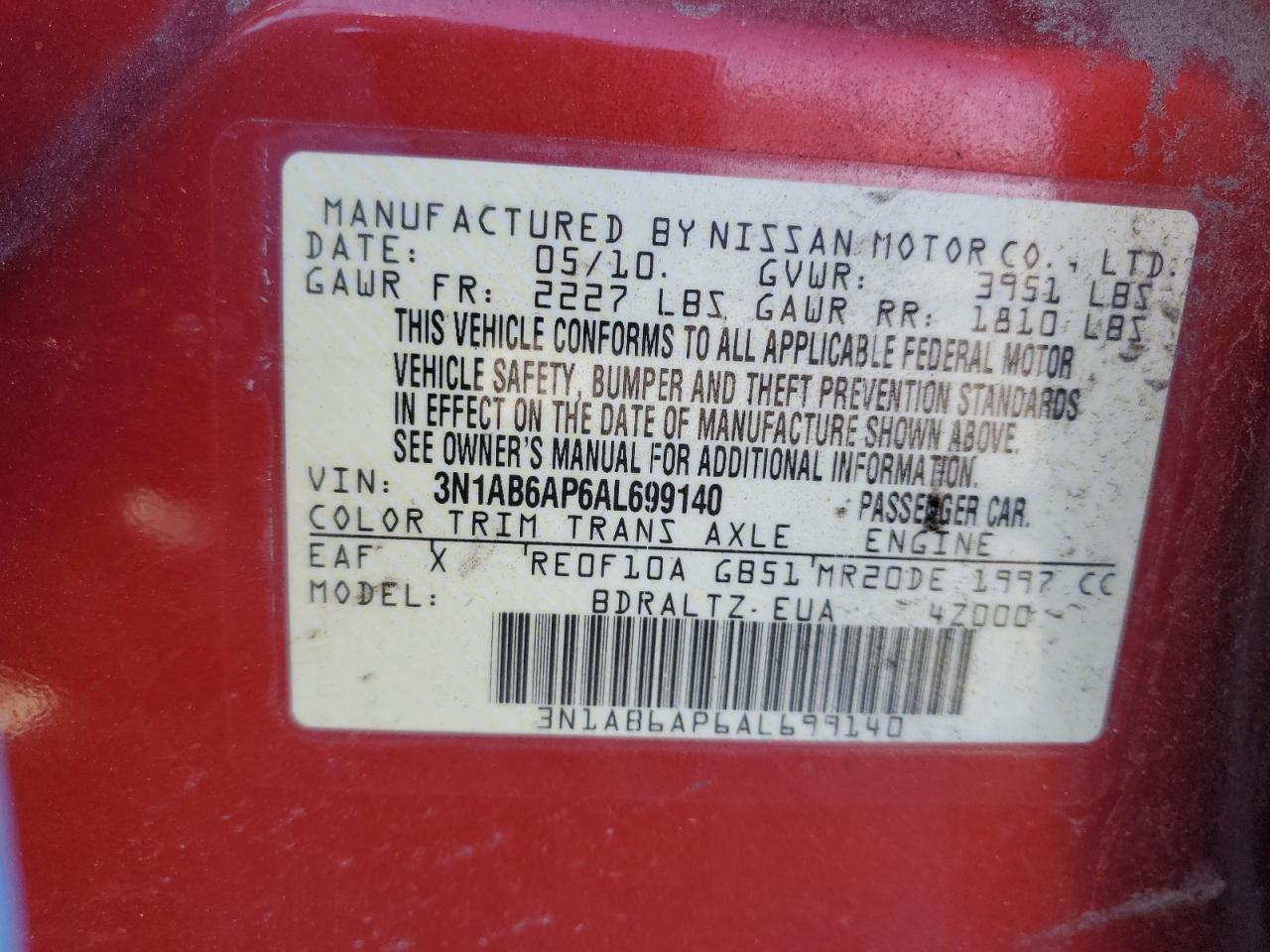 2010 Nissan Sentra 2.0 VIN: 3N1AB6AP6AL699140 Lot: 81659525