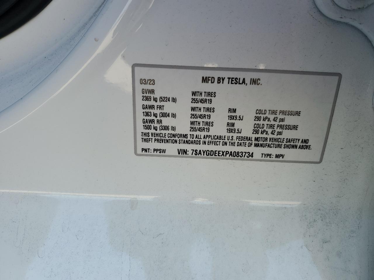 2023 Tesla Model Y VIN: 7SAYGDEEXPA083734 Lot: 82192275