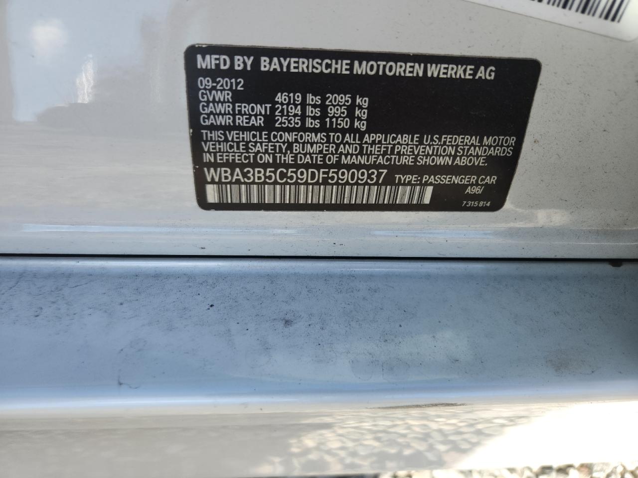 2013 BMW 328 Xi Sulev VIN: WBA3B5C59DF590937 Lot: 86144035