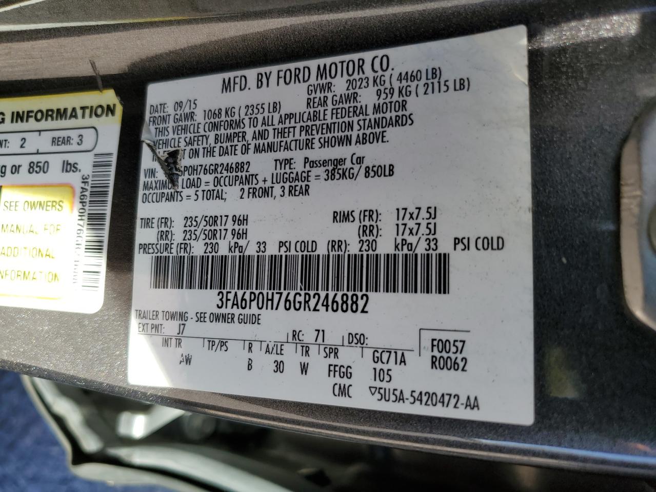 2016 Ford Fusion Se VIN: 3FA6P0H76GR246882 Lot: 90537215