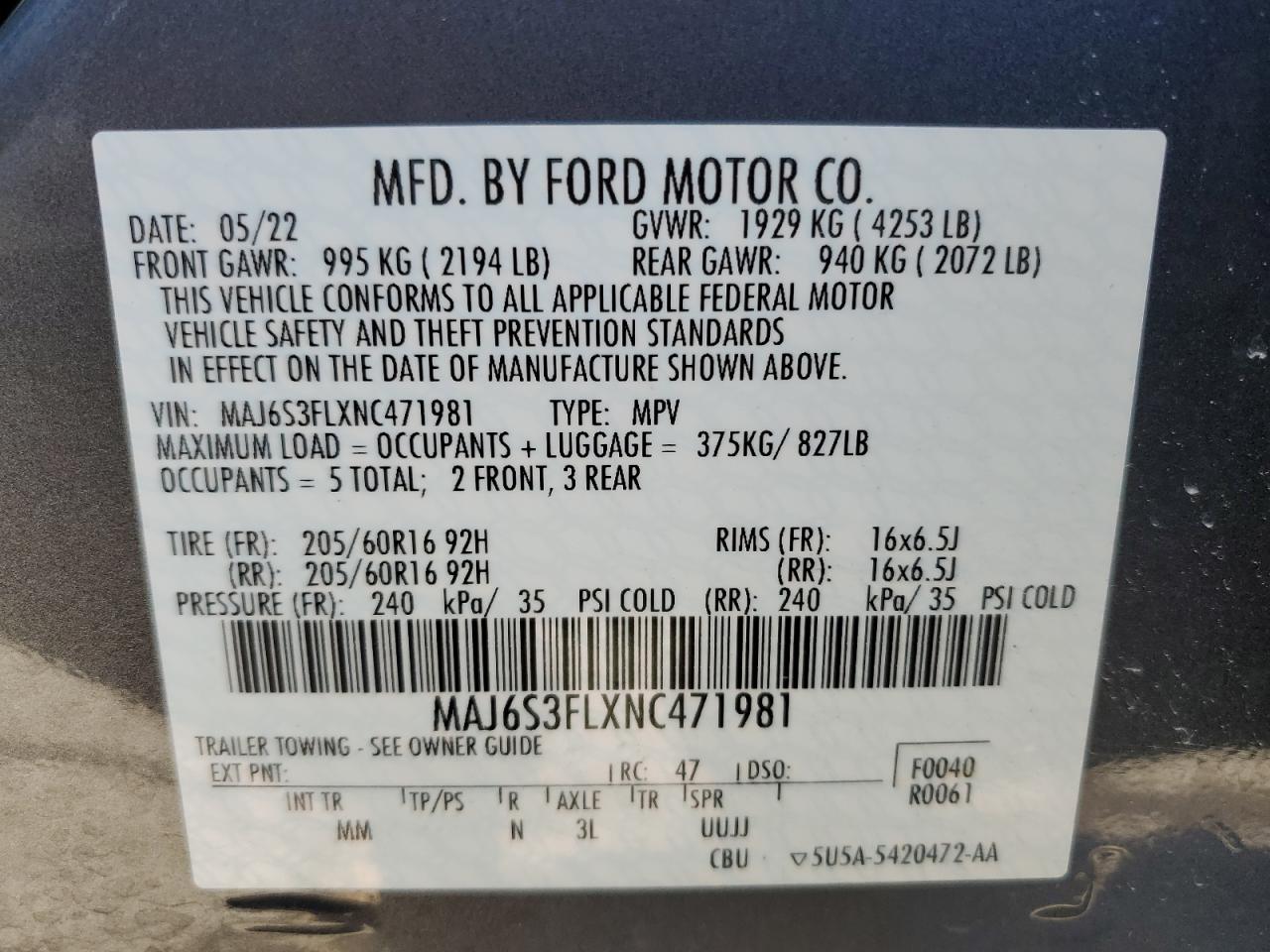 2022 Ford Ecosport S VIN: MAJ6S3FLXNC471981 Lot: 84470375