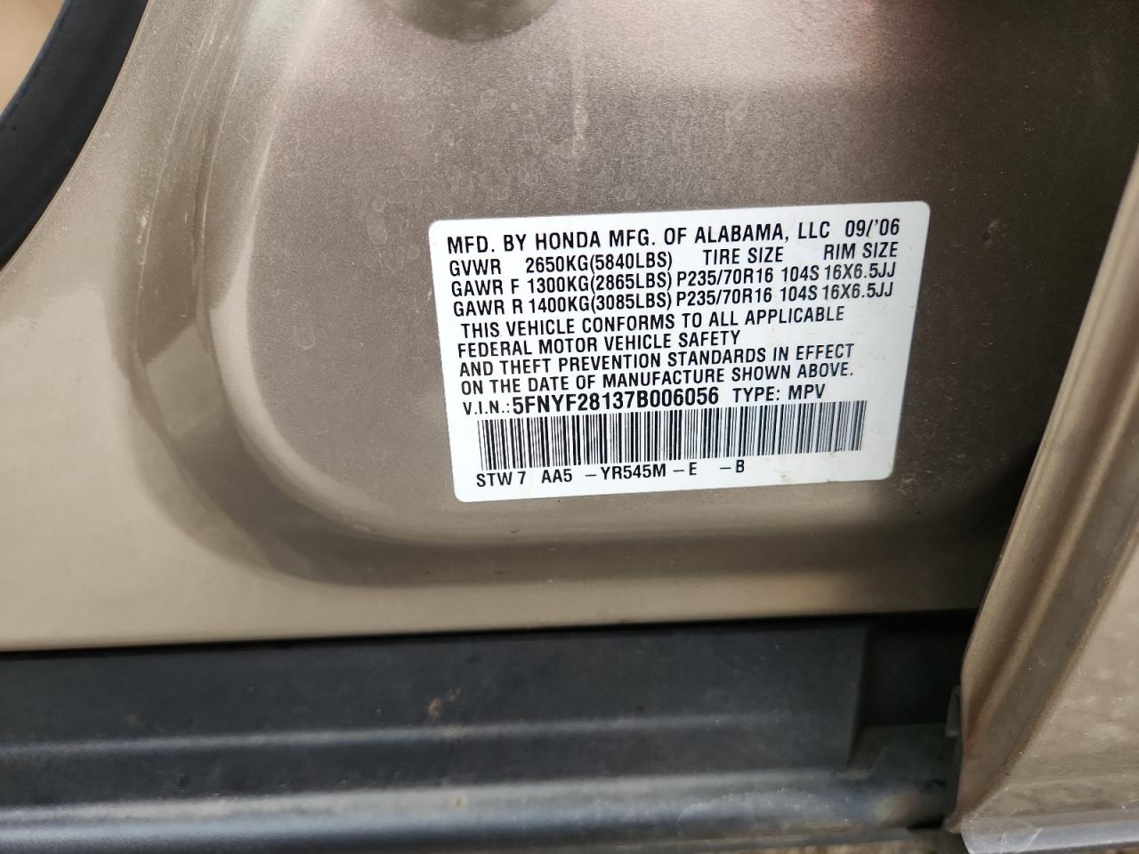 2007 Honda Pilot Lx VIN: 5FNYF28137B006056 Lot: 85356505