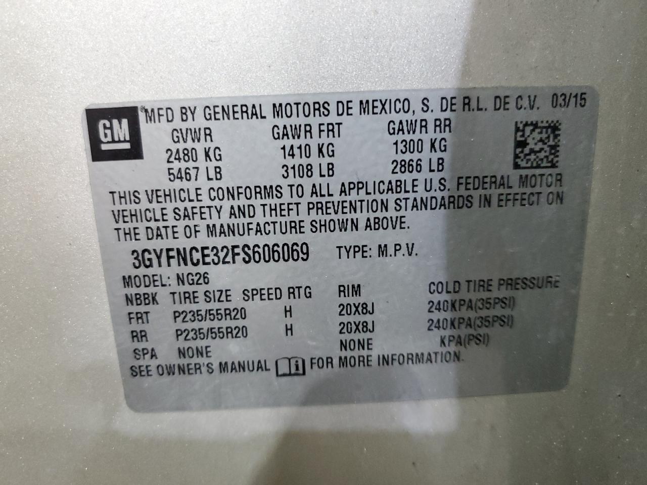 2015 Cadillac Srx Performance Collection VIN: 3GYFNCE32FS606069 Lot: 85423185