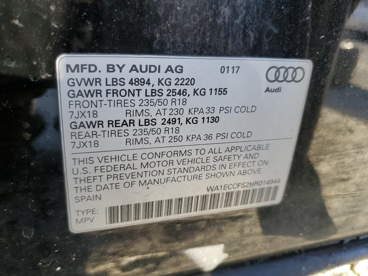 2017 Audi Q3 Premium VIN: WA1ECCFS2HR014944 Lot: 85749865