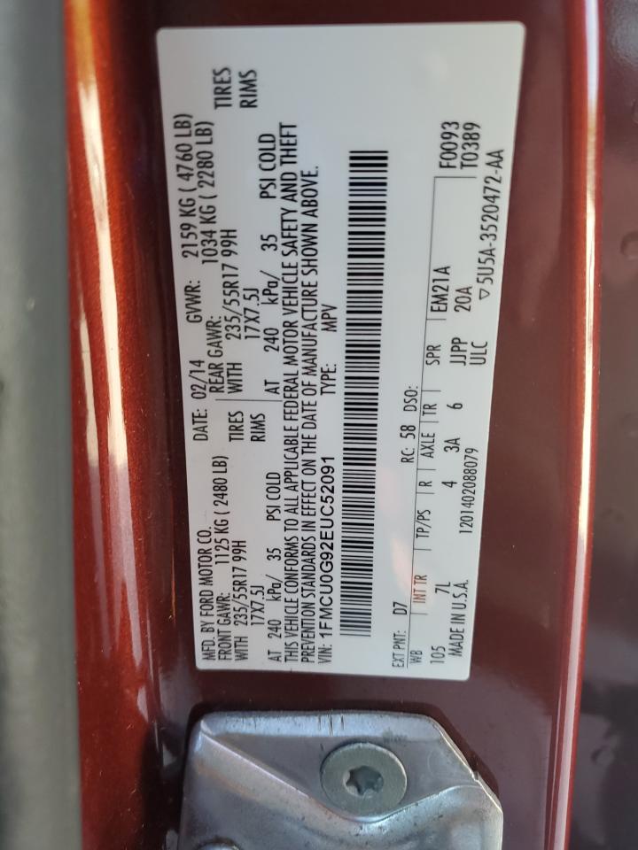 2014 Ford Escape Se VIN: 1FMCU0G92EUC52091 Lot: 84179625