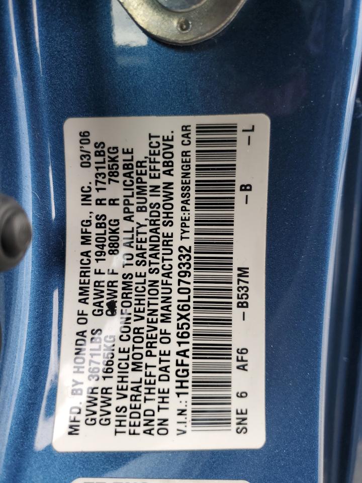 2006 Honda Civic Lx VIN: 1HGFA165X6L079332 Lot: 85379295