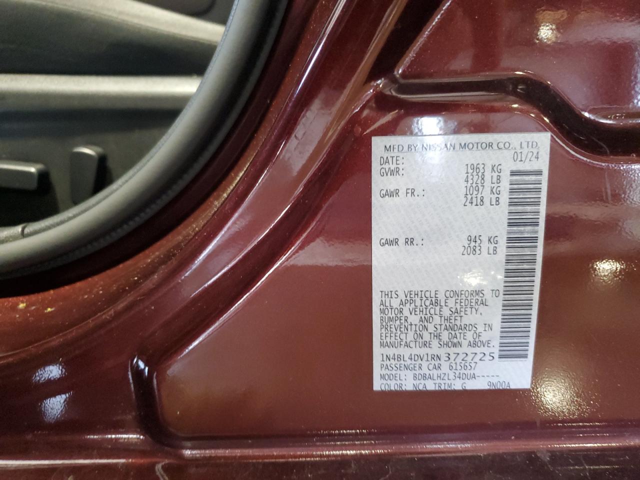 2024 Nissan Altima Sv VIN: 1N4BL4DV1RN372725 Lot: 85278335