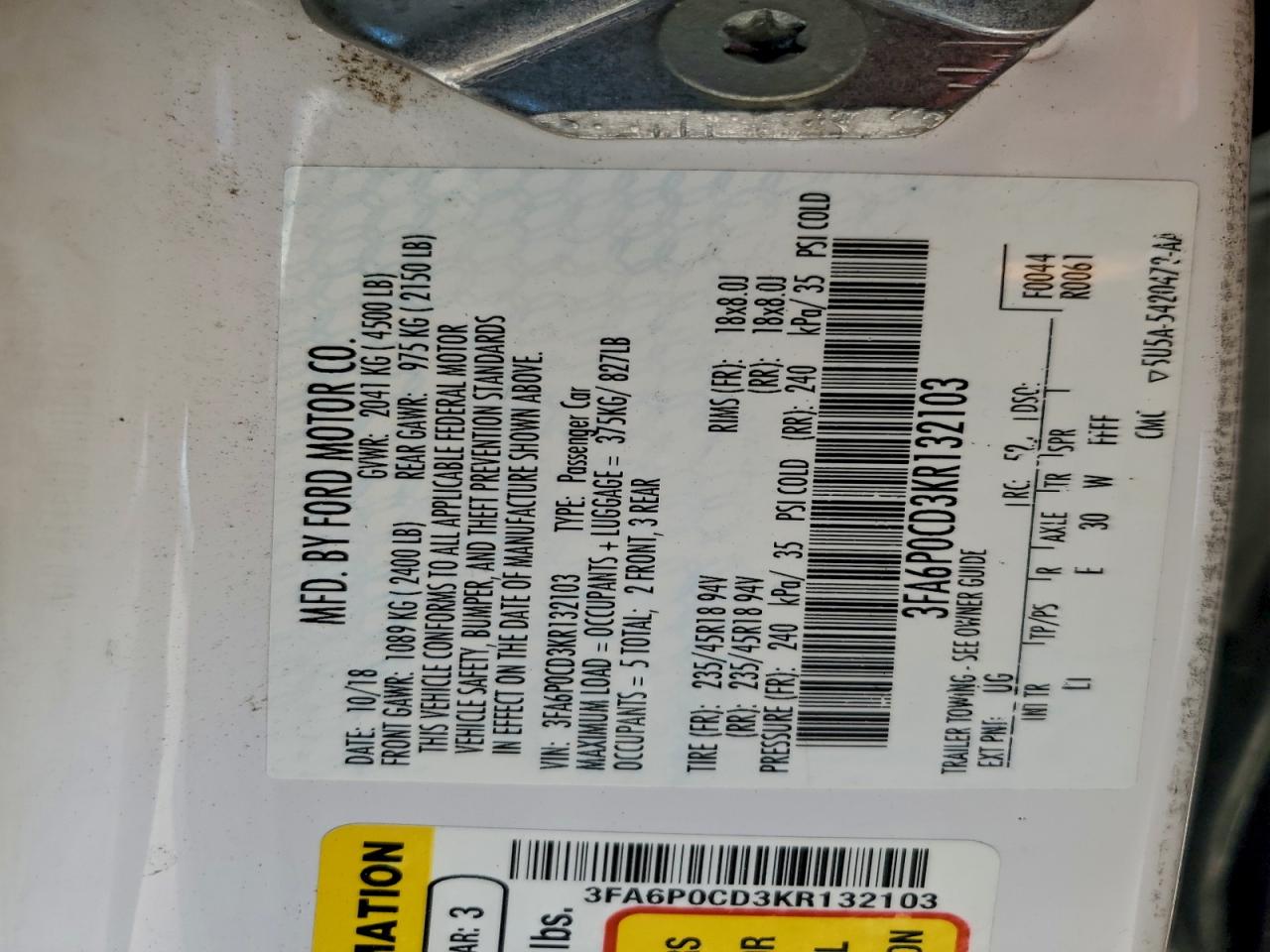 2019 Ford Fusion Sel VIN: 3FA6P0CD3KR132103 Lot: 90782025