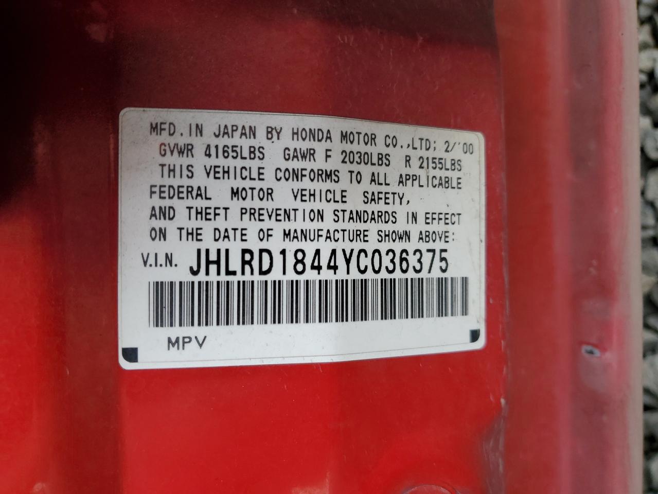 2000 Honda Cr-V Lx VIN: JHLRD1844YC036375 Lot: 82295995