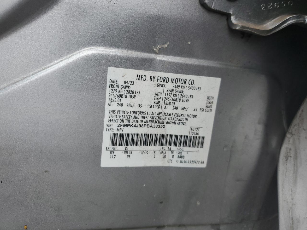 2023 Ford Edge Sel VIN: 2FMPK4J98PBA38352 Lot: 82719145