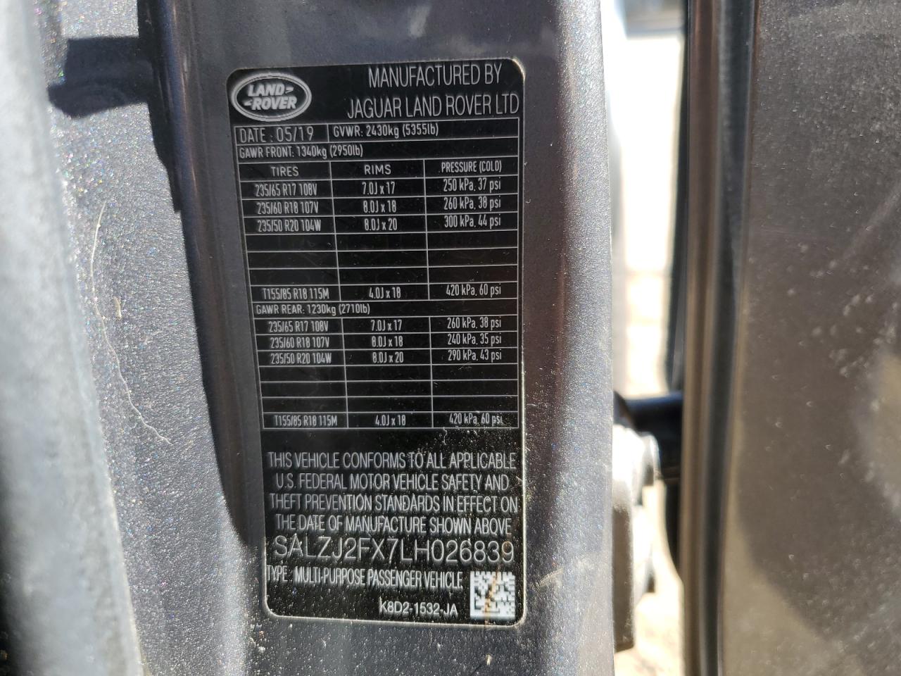 2020 Land Rover Range Rover Evoque S VIN: SALZJ2FX7LH026839 Lot: 82552295