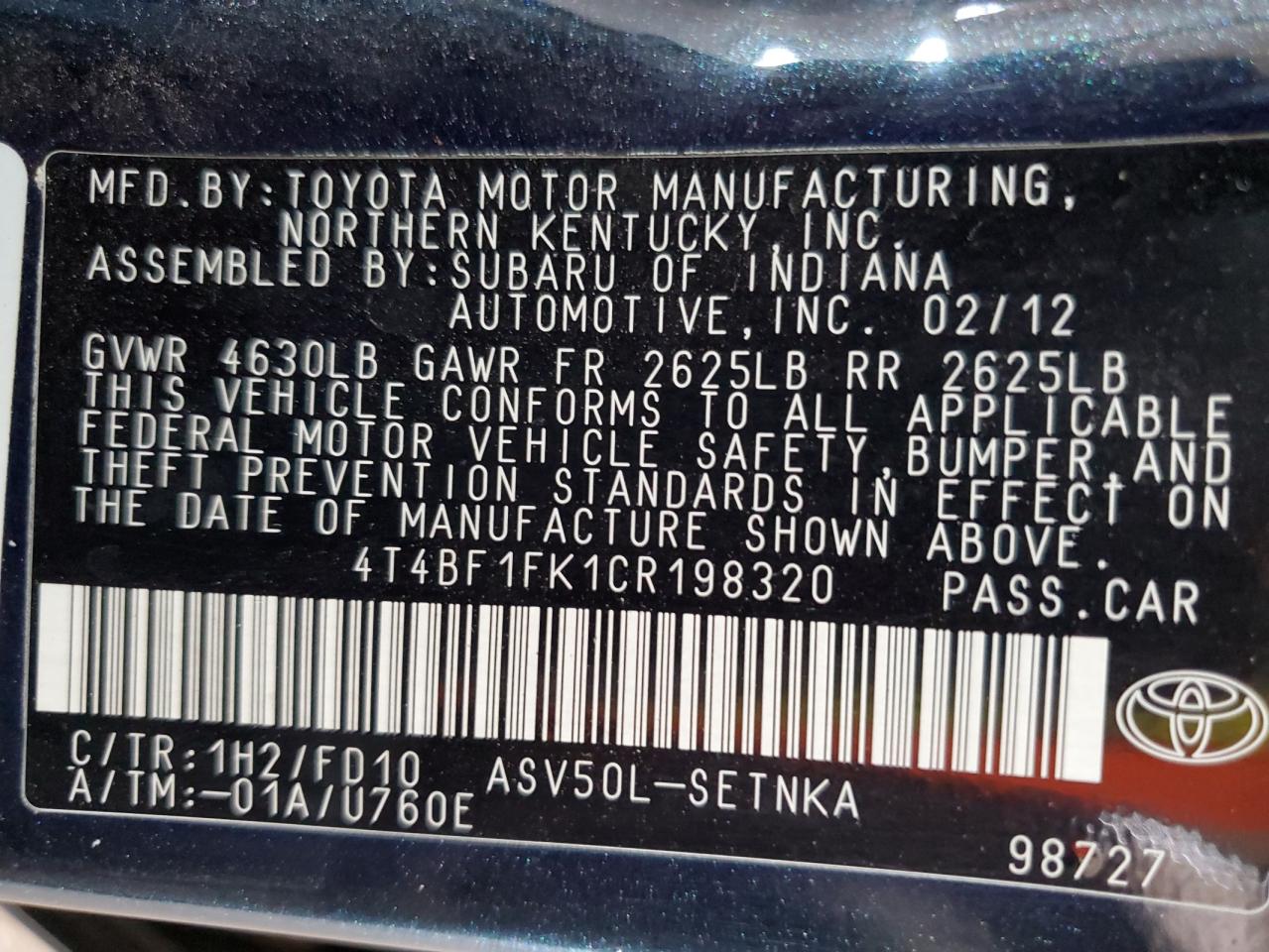 2012 Toyota Camry Base VIN: 4T4BF1FK1CR198320 Lot: 85494755