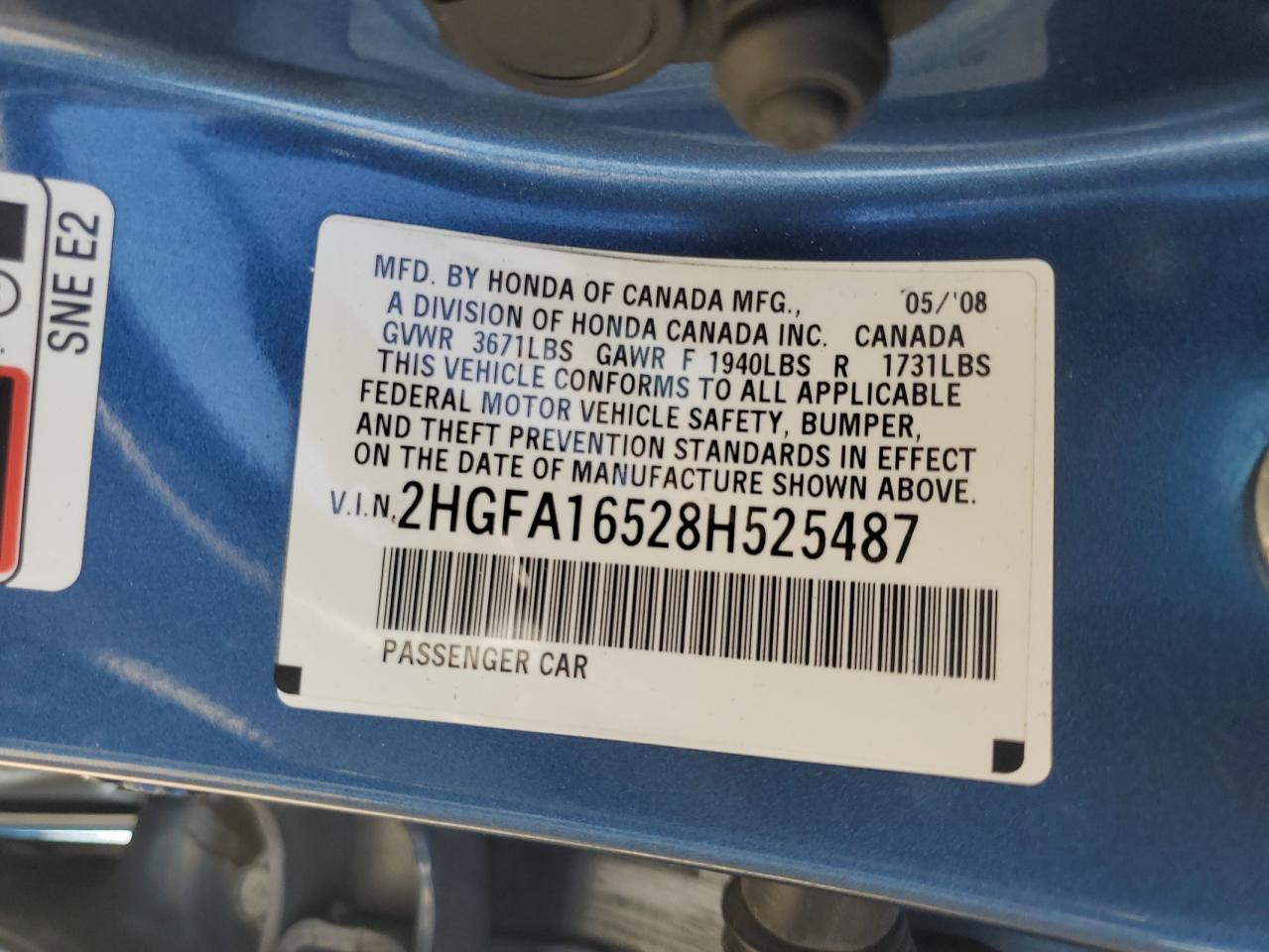 2008 Honda Civic Lx VIN: 2HGFA16528H525487 Lot: 86177475