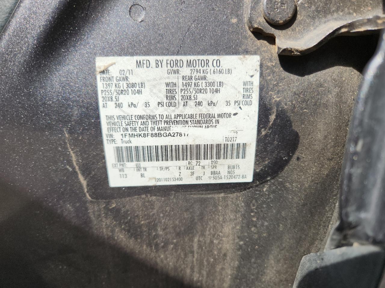 2011 Ford Explorer Limited VIN: 1FMHK8F88BGA27817 Lot: 85367995