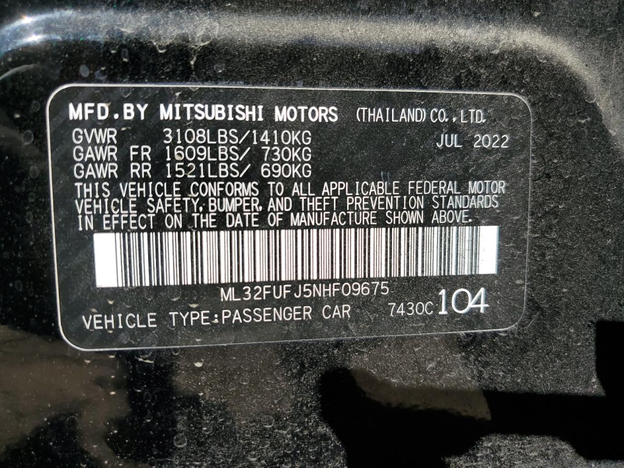 2022 Mitsubishi Mirage G4 Es VIN: ML32FUFJ5NHF09675 Lot: 85008995