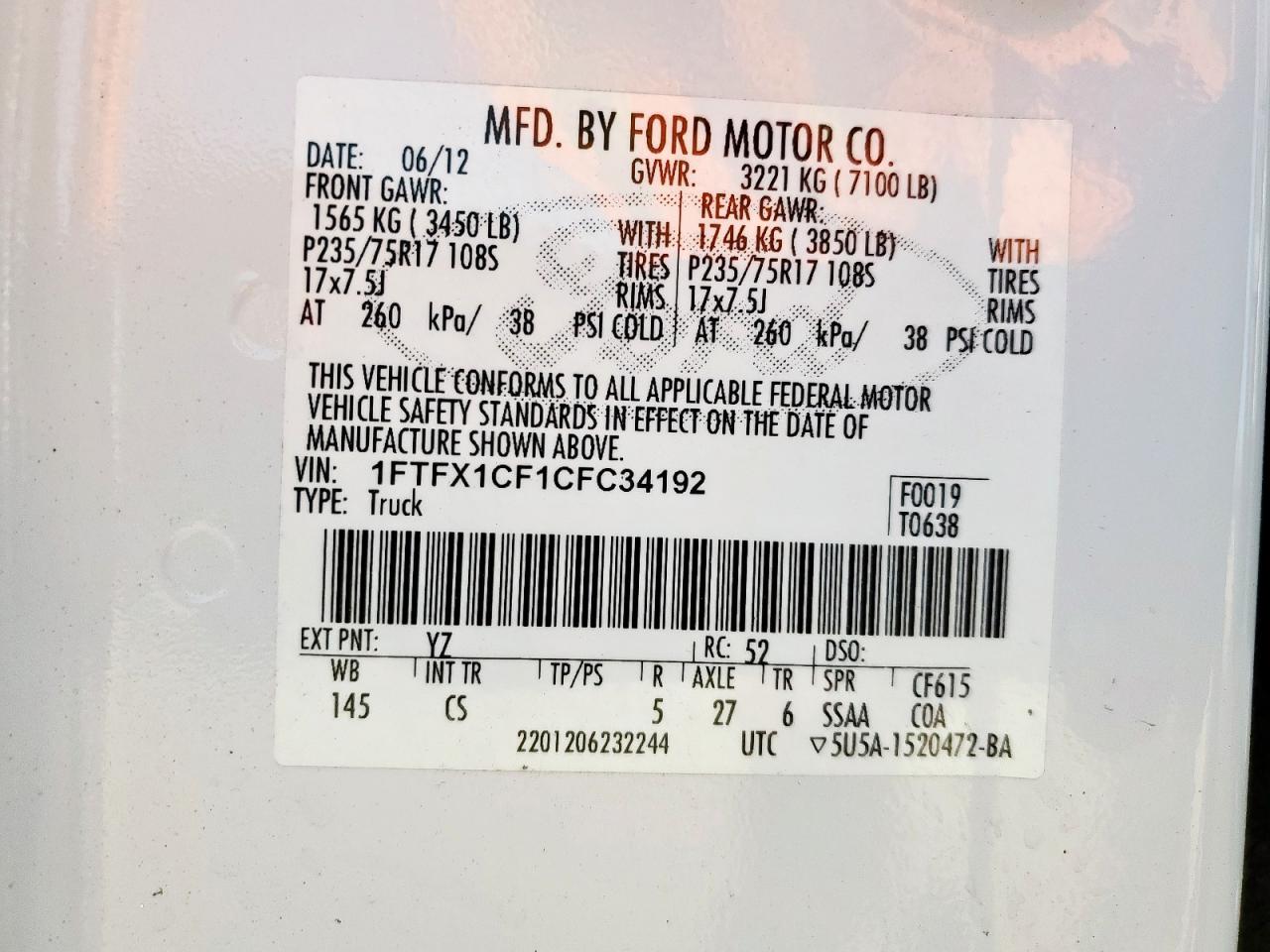 2012 Ford F150 Super Cab VIN: 1FTFX1CF1CFC34192 Lot: 82305545