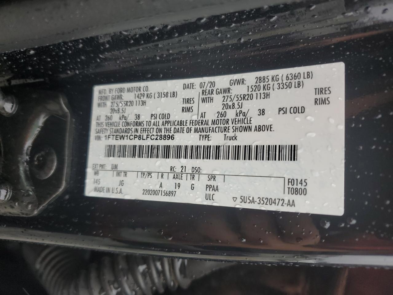 2020 Ford F150 Supercrew VIN: 1FTEW1CP8LFC28896 Lot: 85106835