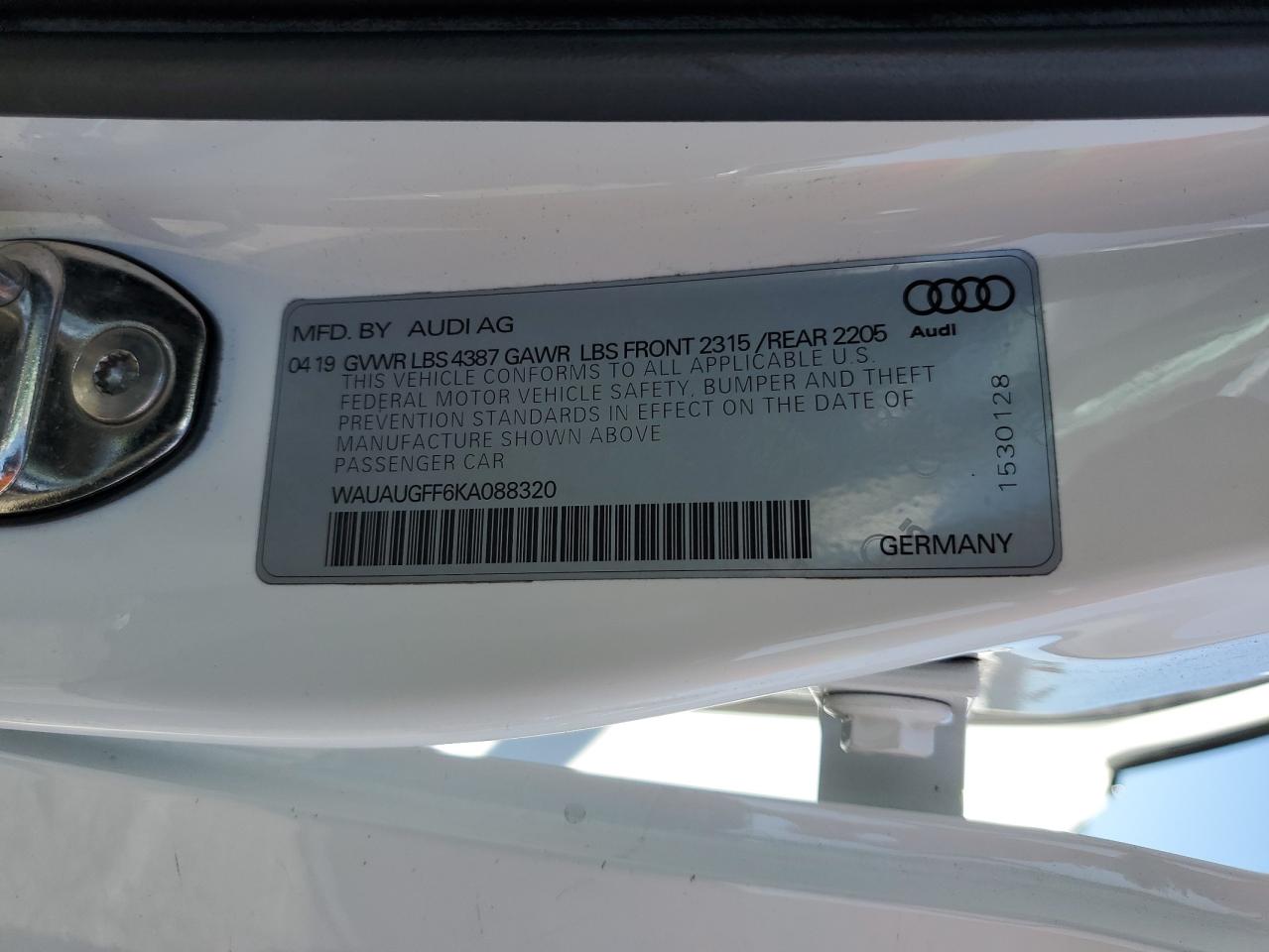 2019 Audi A3 Premium VIN: WAUAUGFF6KA088320 Lot: 89696365