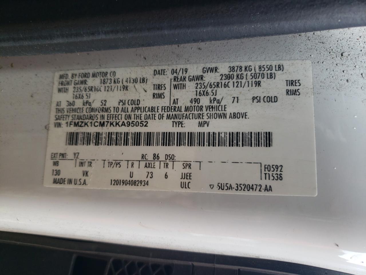 2019 Ford Transit T-150 VIN: 1FMZK1CM7KKA95052 Lot: 93359615