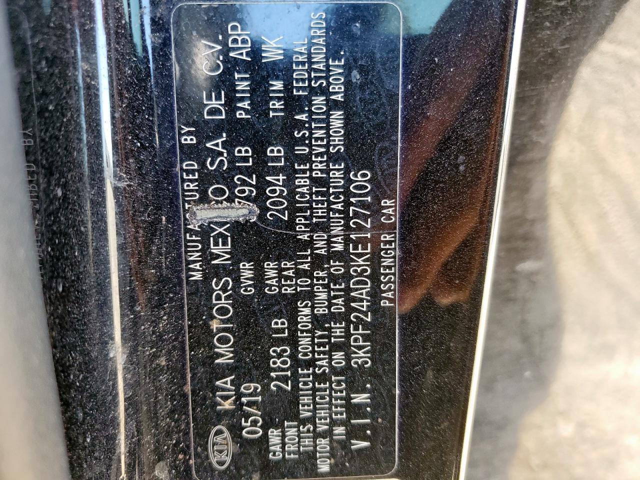 2019 Kia Forte Fe VIN: 3KPF24AD3KE127106 Lot: 86338355