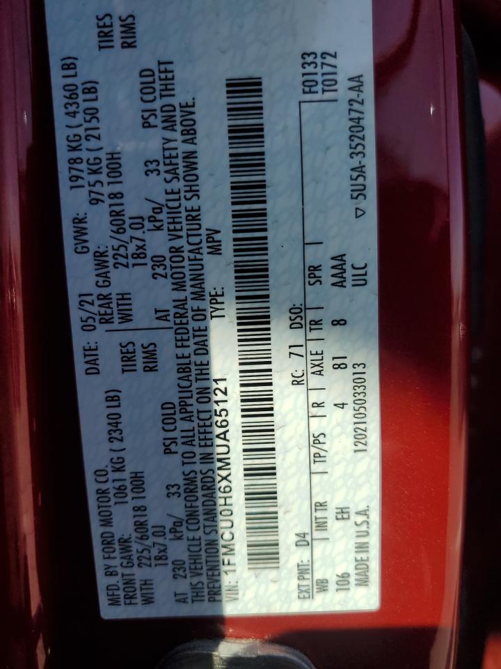 2021 Ford Escape Sel VIN: 1FMCU0H6XMUA65121 Lot: 84900485