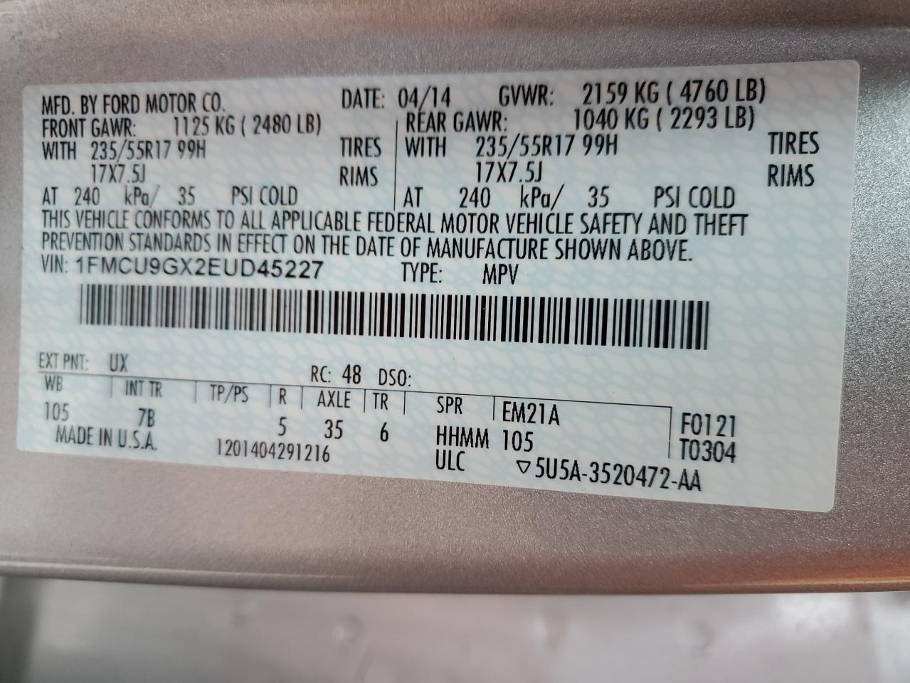 2014 Ford Escape Se VIN: 1FMCU9GX2EUD45227 Lot: 86611955