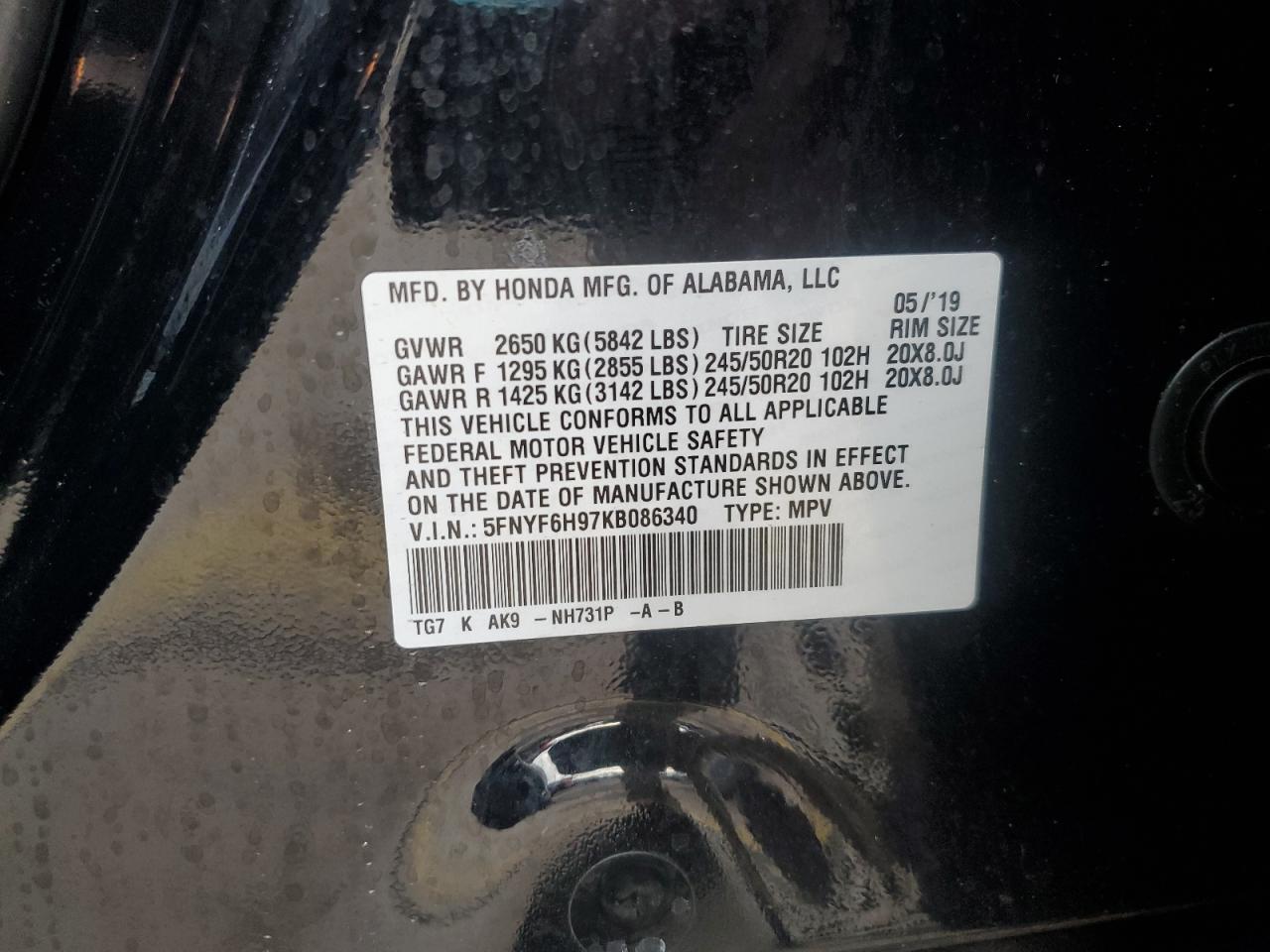 2019 Honda Pilot Touring VIN: 5FNYF6H97KB086340 Lot: 85704675