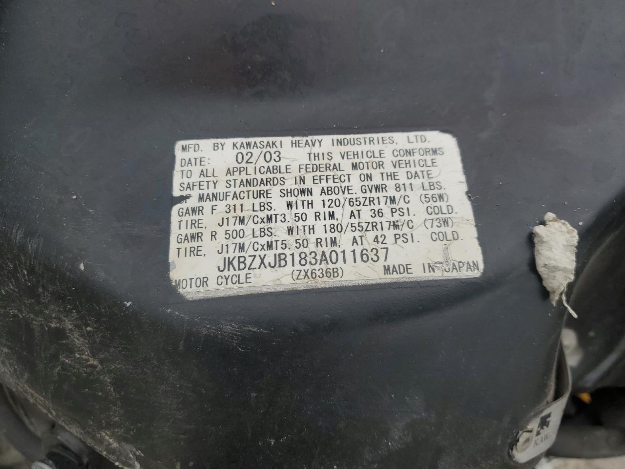 2003 Kawasaki Zx636 B1 VIN: JKBZXJB183A011637 Lot: 86426775