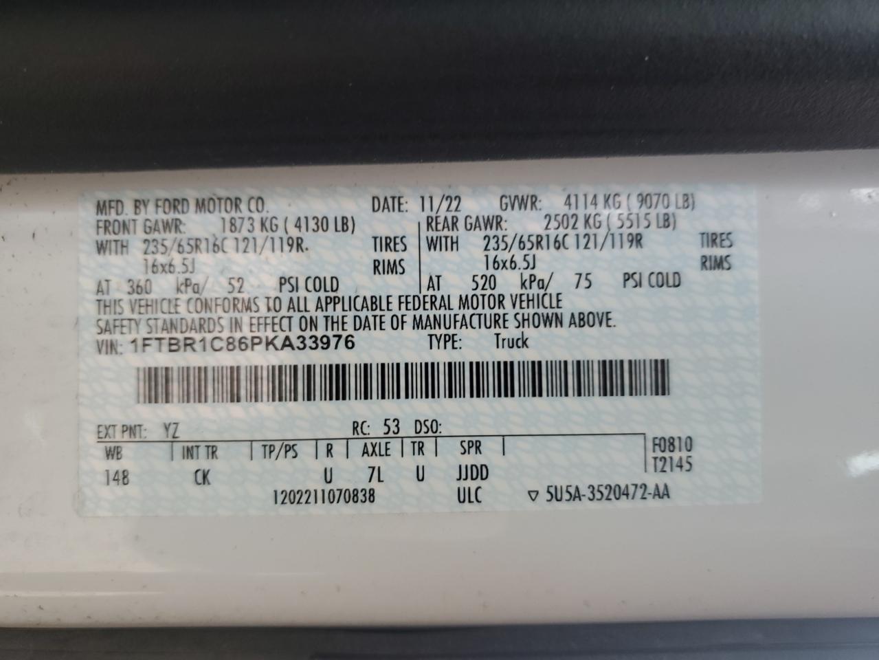 2023 Ford Transit 250 Delivery Van VIN: 1FTBR1C86PKA33976 Lot: 90230385