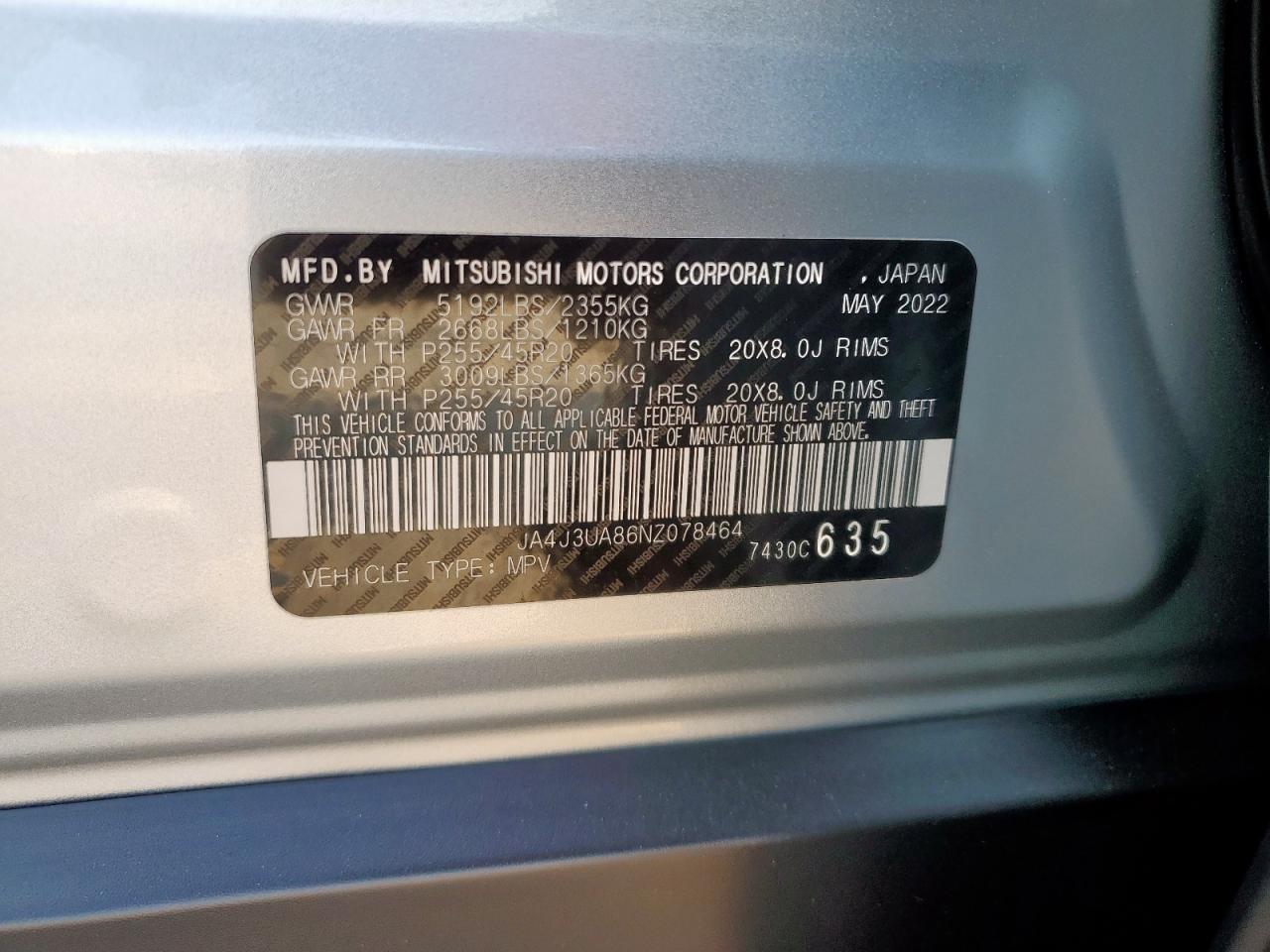 2022 Mitsubishi Outlander Se VIN: JA4J3UA86NZ078464 Lot: 82191045