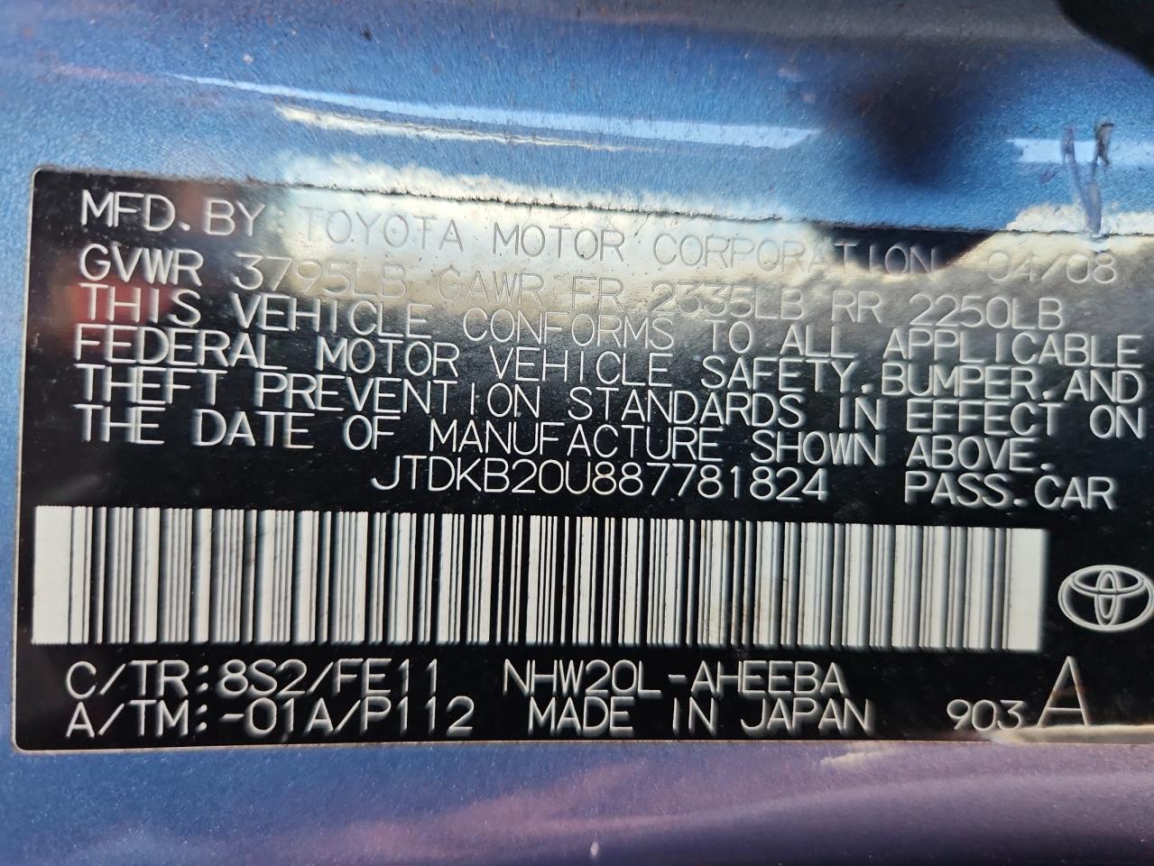 2008 Toyota Prius VIN: JTDKB20U887781824 Lot: 85346025