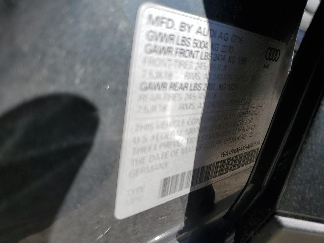 2017 Audi A4 Allroad Premium Plus VIN: WA18NAF4XHA041515 Lot: 86447665