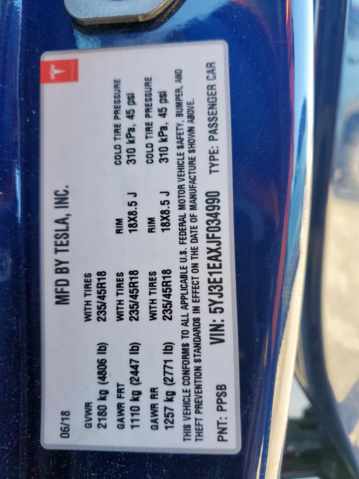 2018 Tesla Model 3 VIN: 5YJ3E1EAXJF034990 Lot: 90368615