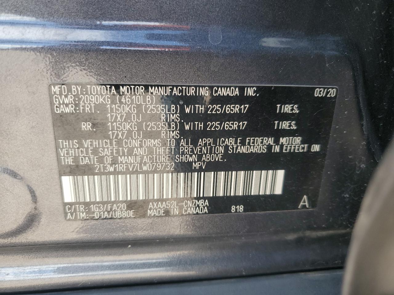 2020 Toyota Rav4 Xle VIN: 2T3W1RFV7LW079732 Lot: 87464365