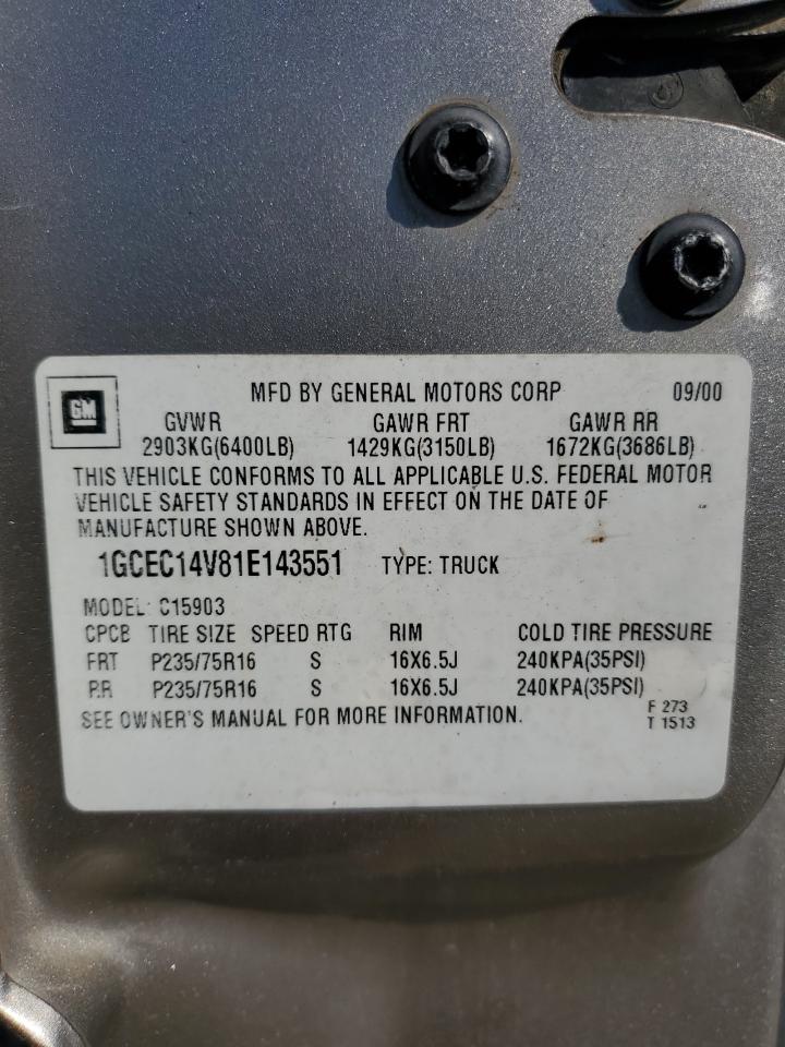 2001 Chevrolet Silverado C1500 VIN: 1GCEC14V81E143551 Lot: 86504935