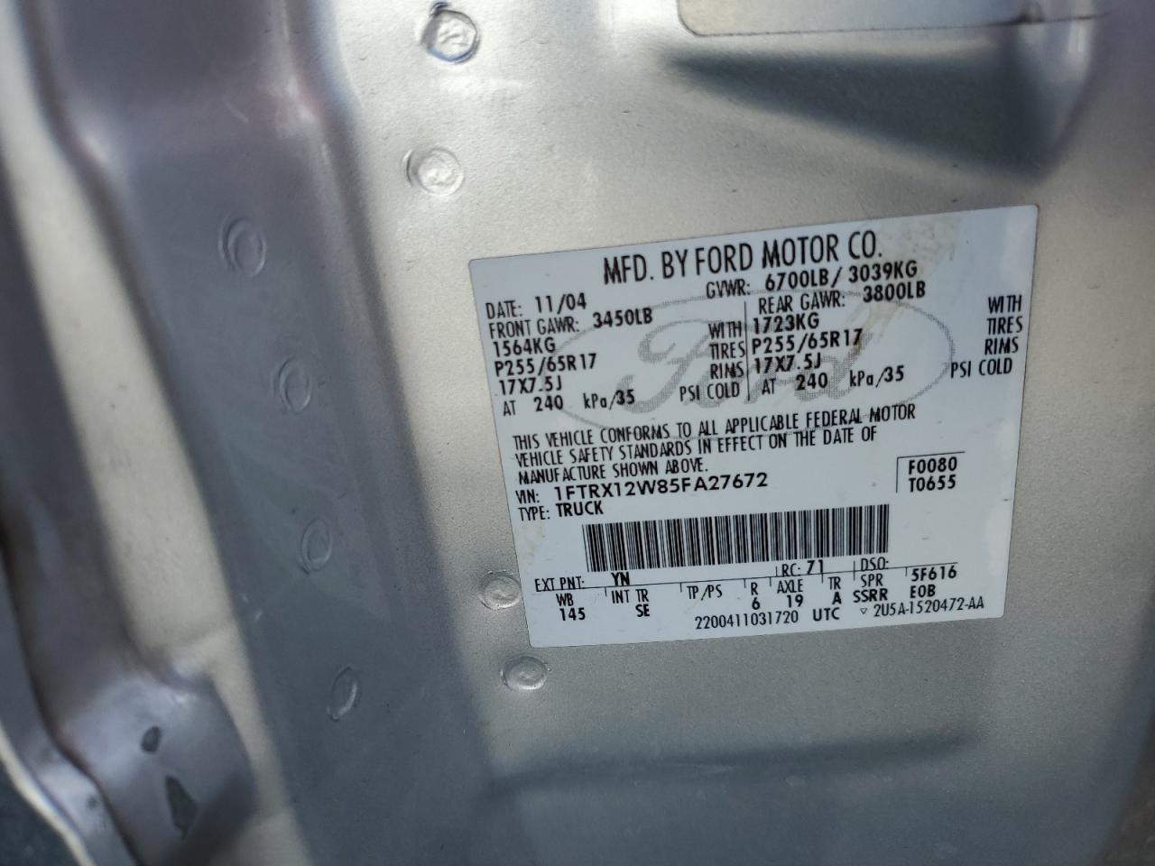 2005 Ford F150 VIN: 1FTRX12W85FA27672 Lot: 87050825