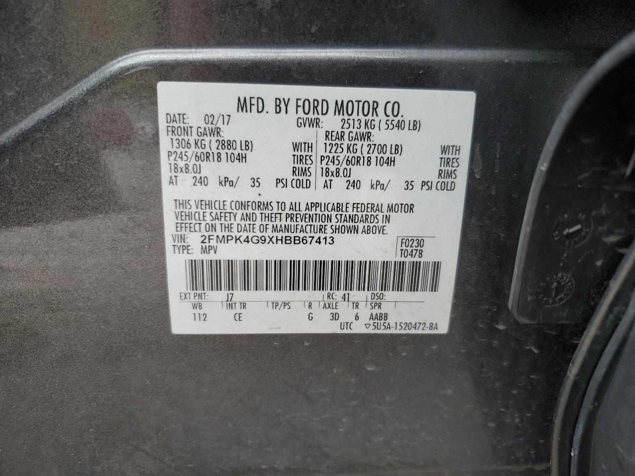 2017 Ford Edge Se VIN: 2FMPK4G9XHBB67413 Lot: 89636065