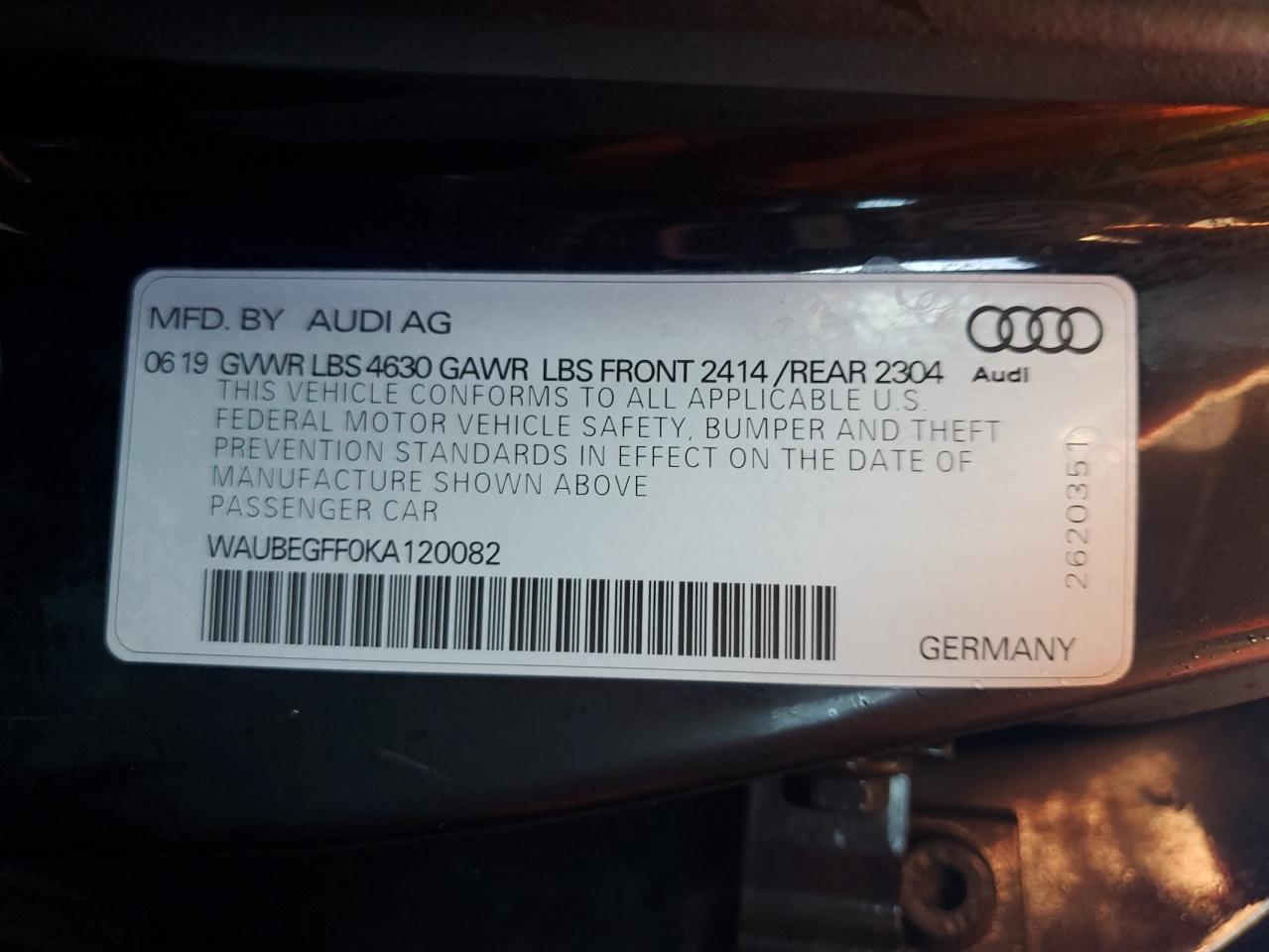 2019 Audi A3 Premium VIN: WAUBEGFF0KA120082 Lot: 90005445