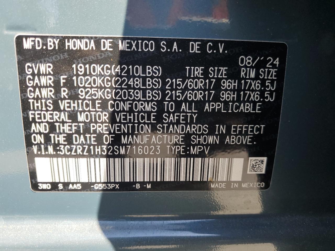 2025 Honda Hr-V Lx VIN: 3CZRZ1H32SM716023 Lot: 82123765