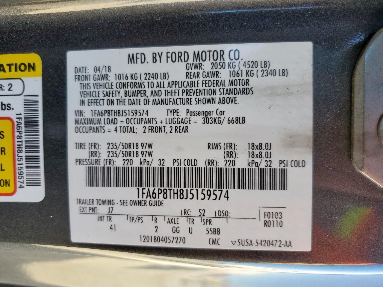 2018 Ford Mustang VIN: 1FA6P8TH8J5159574 Lot: 86277545