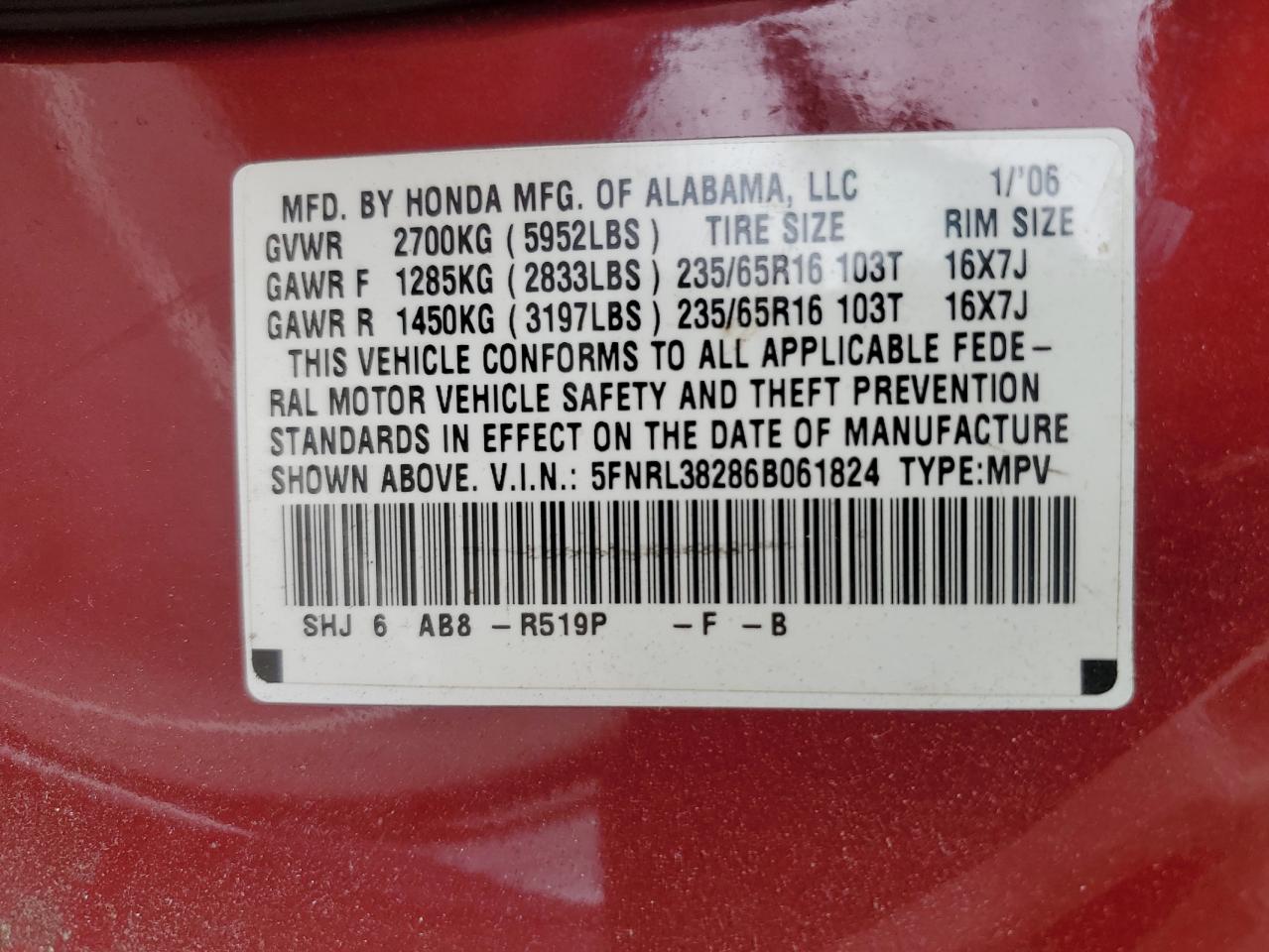 2006 Honda Odyssey Lx VIN: 5FNRL38286B061824 Lot: 86171805