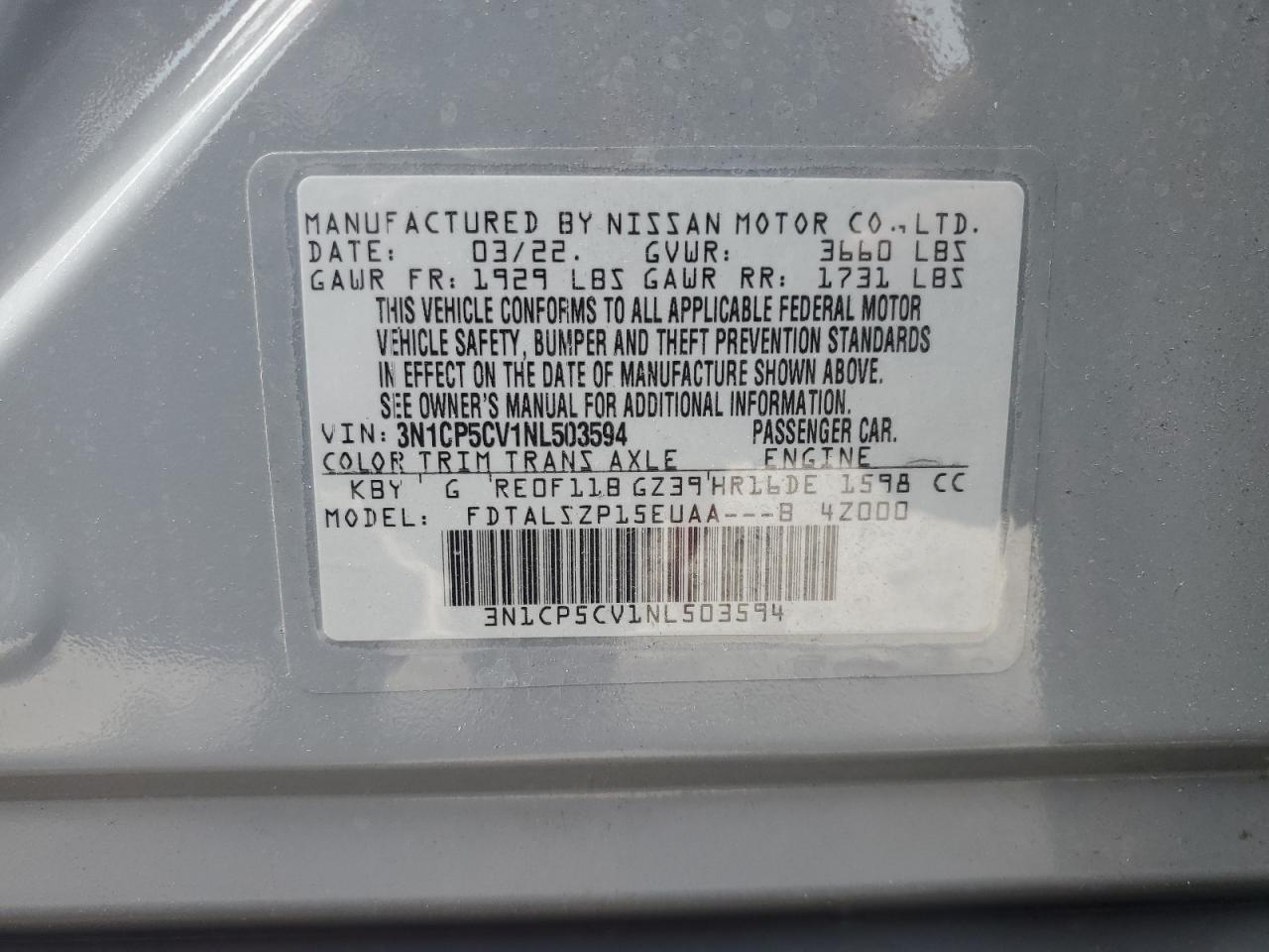 2022 Nissan Kicks Sv VIN: 3N1CP5CV1NL503594 Lot: 81967995