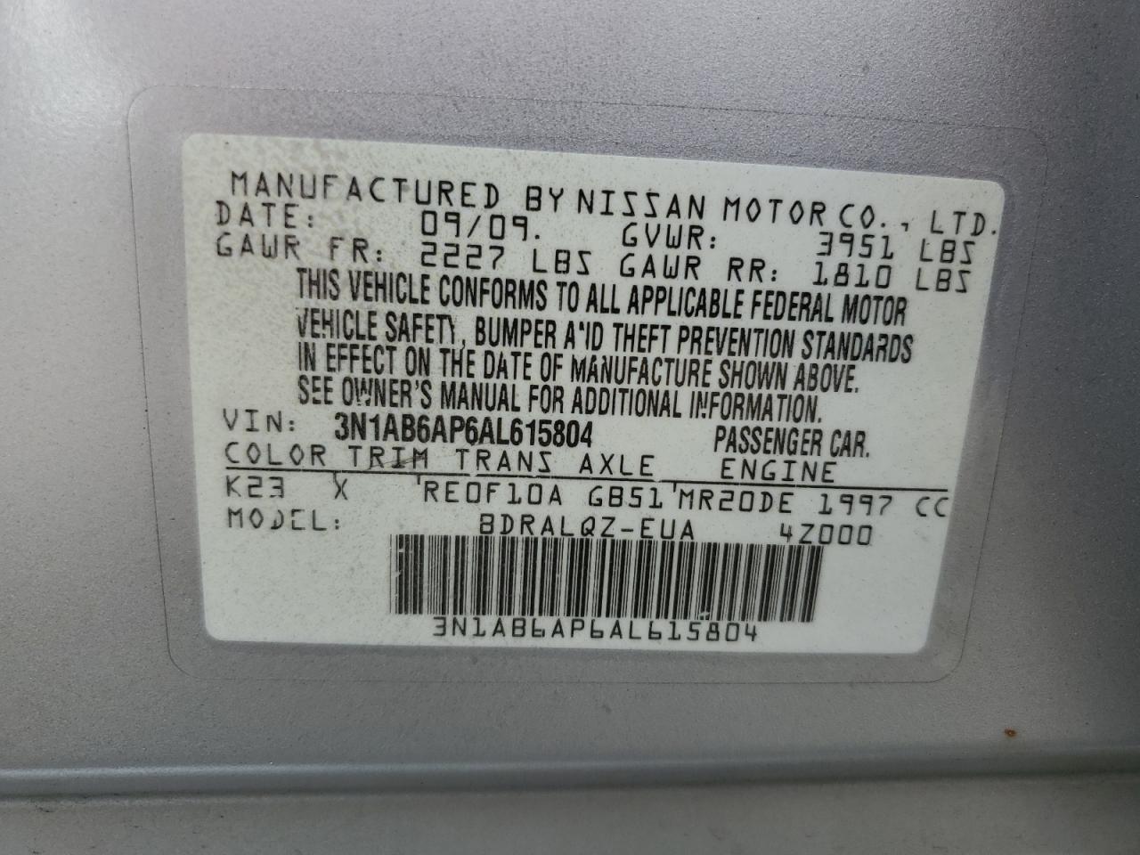 2010 Nissan Sentra 2.0 VIN: 3N1AB6AP6AL615804 Lot: 85305745