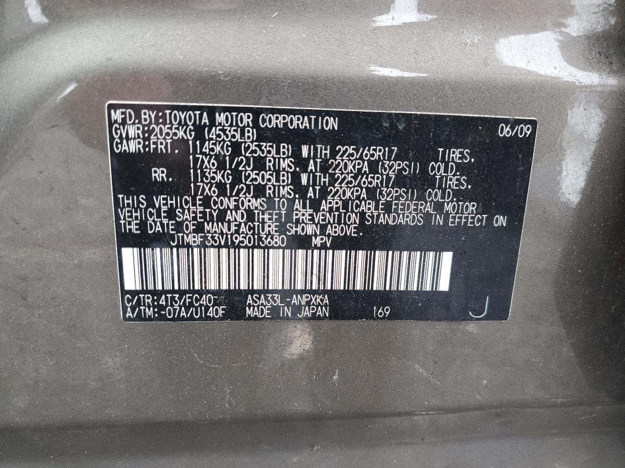 2009 Toyota Rav4 VIN: JTMBF33V195013680 Lot: 86430445