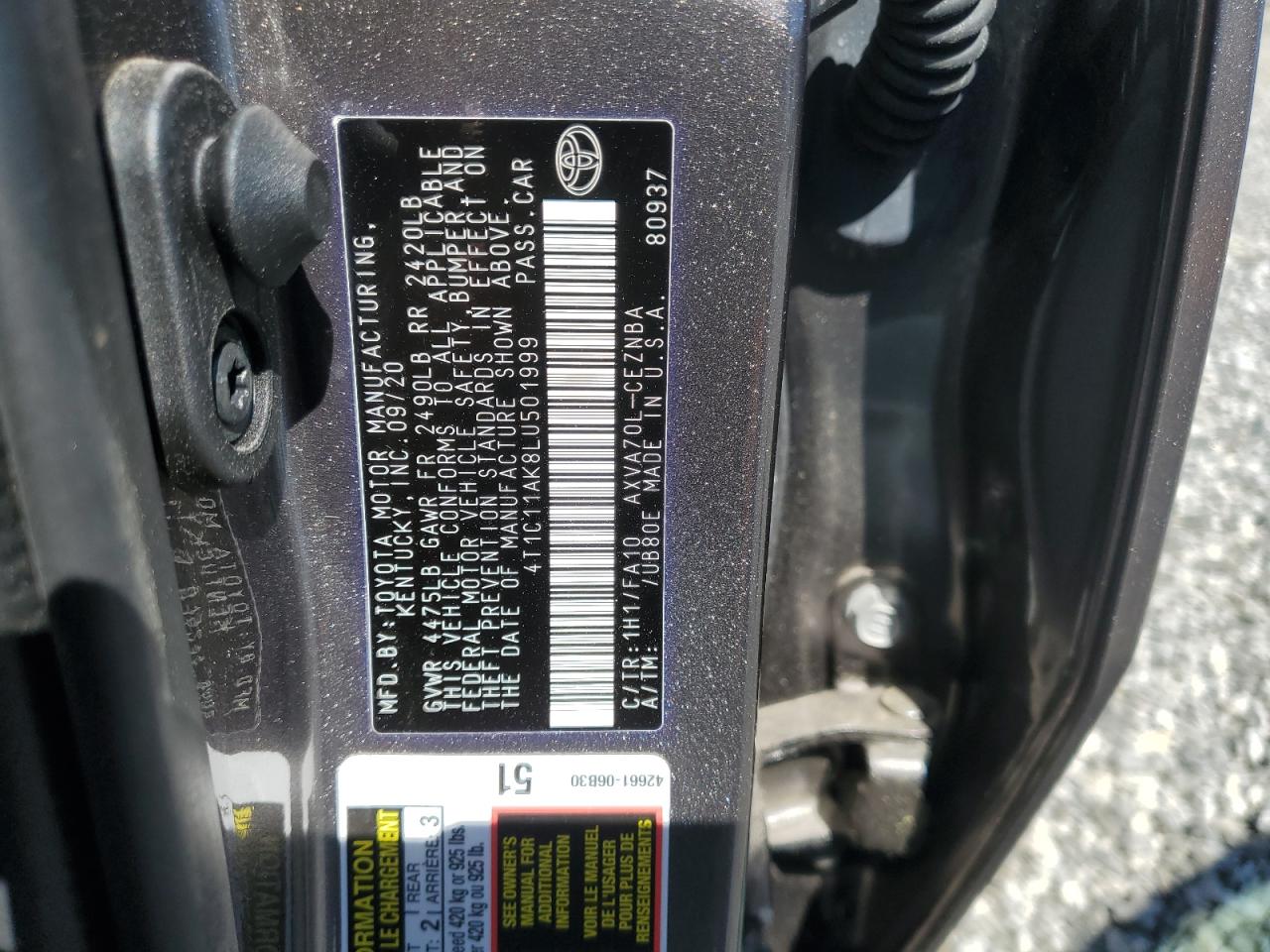 2020 Toyota Camry Le VIN: 4T1C11AK8LU501999 Lot: 84993085